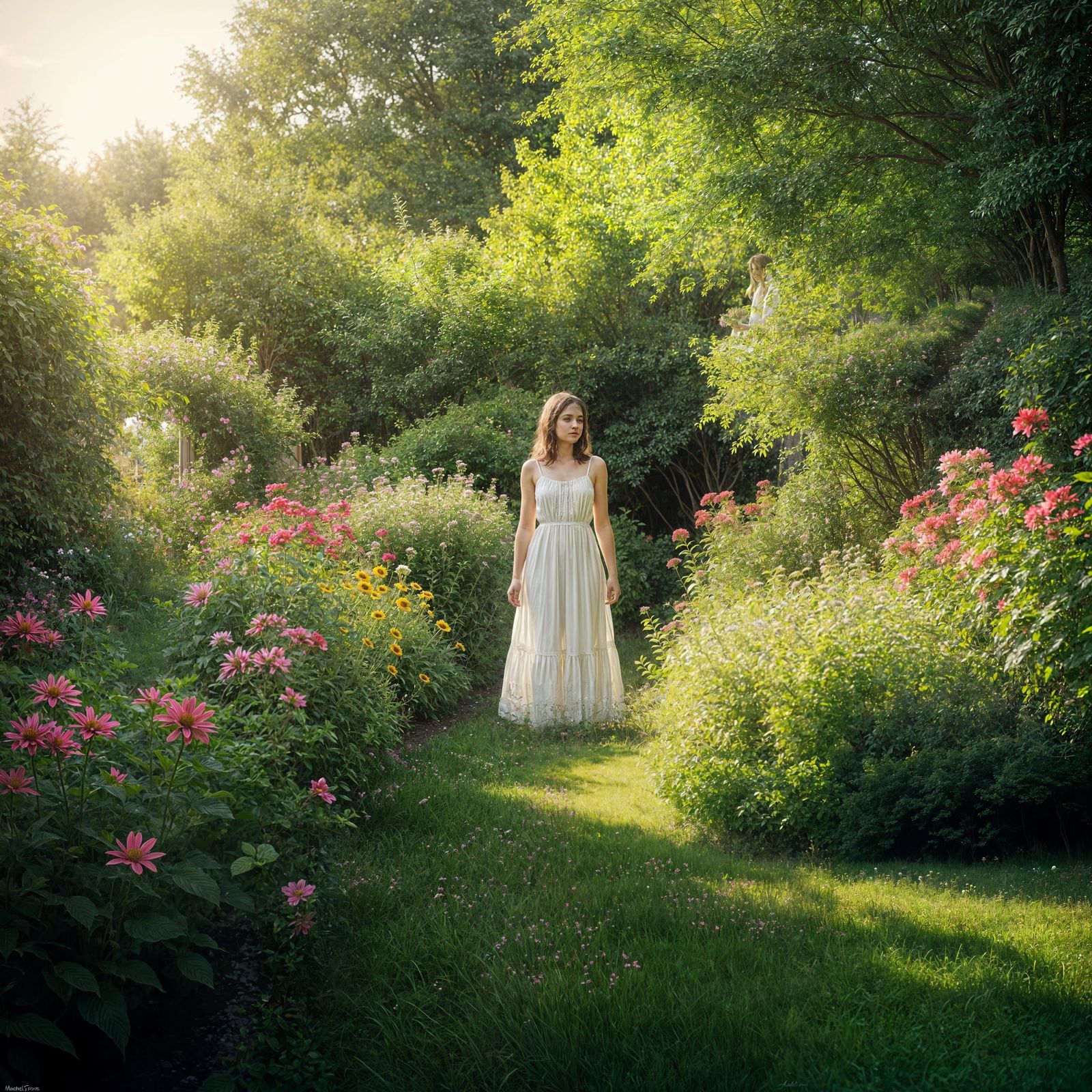 Girl in Sun-Dappled Garden in Impressionist Style