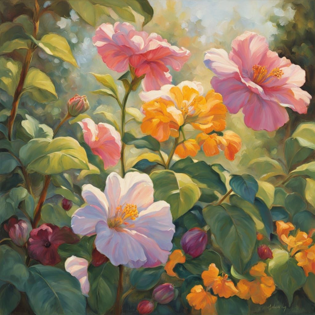 Vibrant Oil Painting of a Lush Garden in Impressionistic Sty...