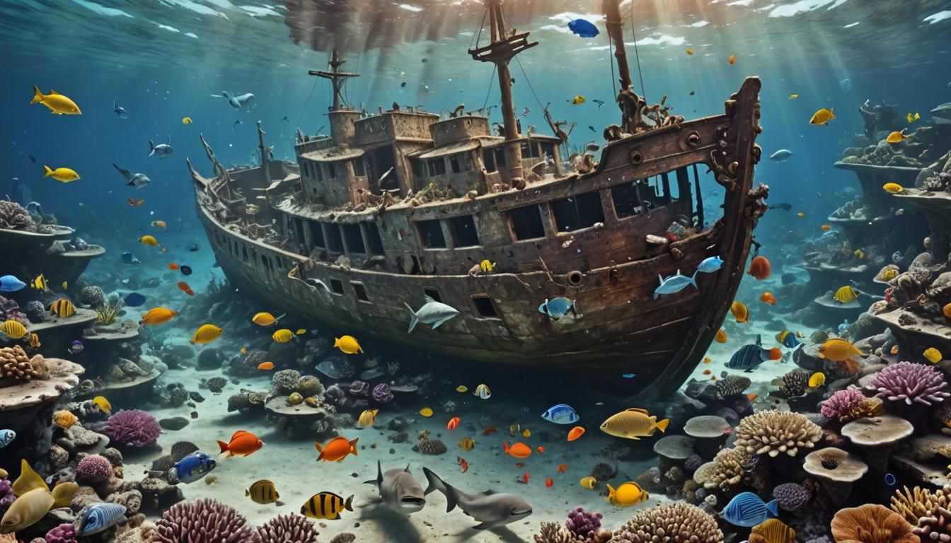 Underwater Shipwreck Scene at Great Barrier Reef