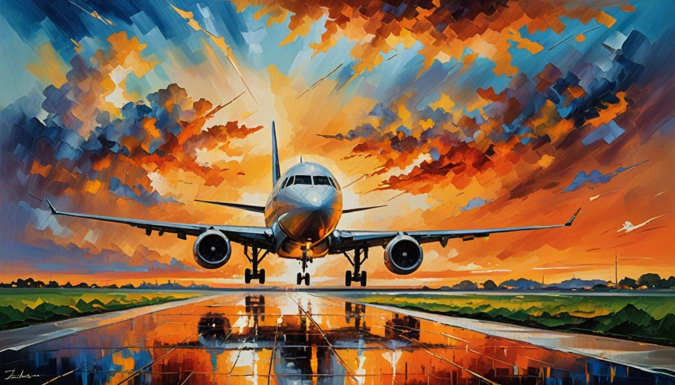 Impressionist Airport Sunset in Vibrant Orange Hues