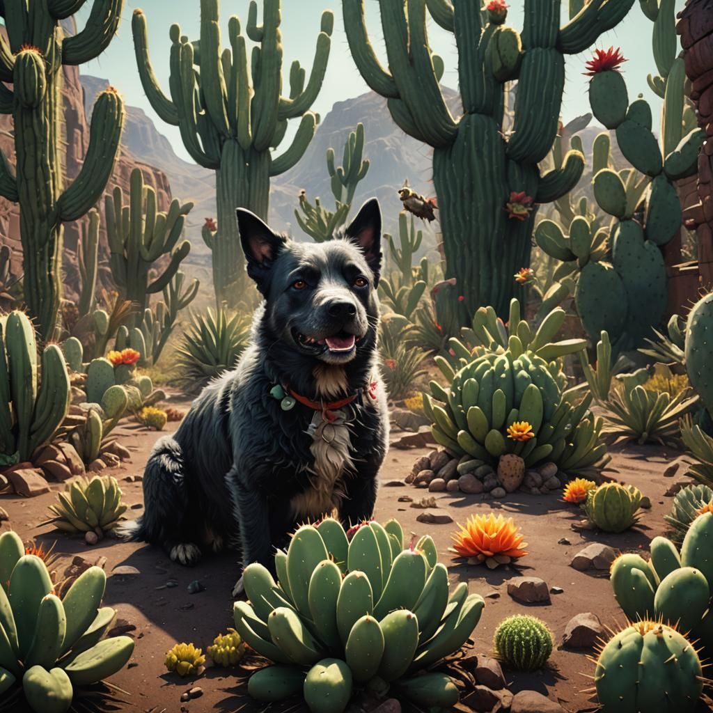 Dog Eating Cactus: Detailed Matte Painting