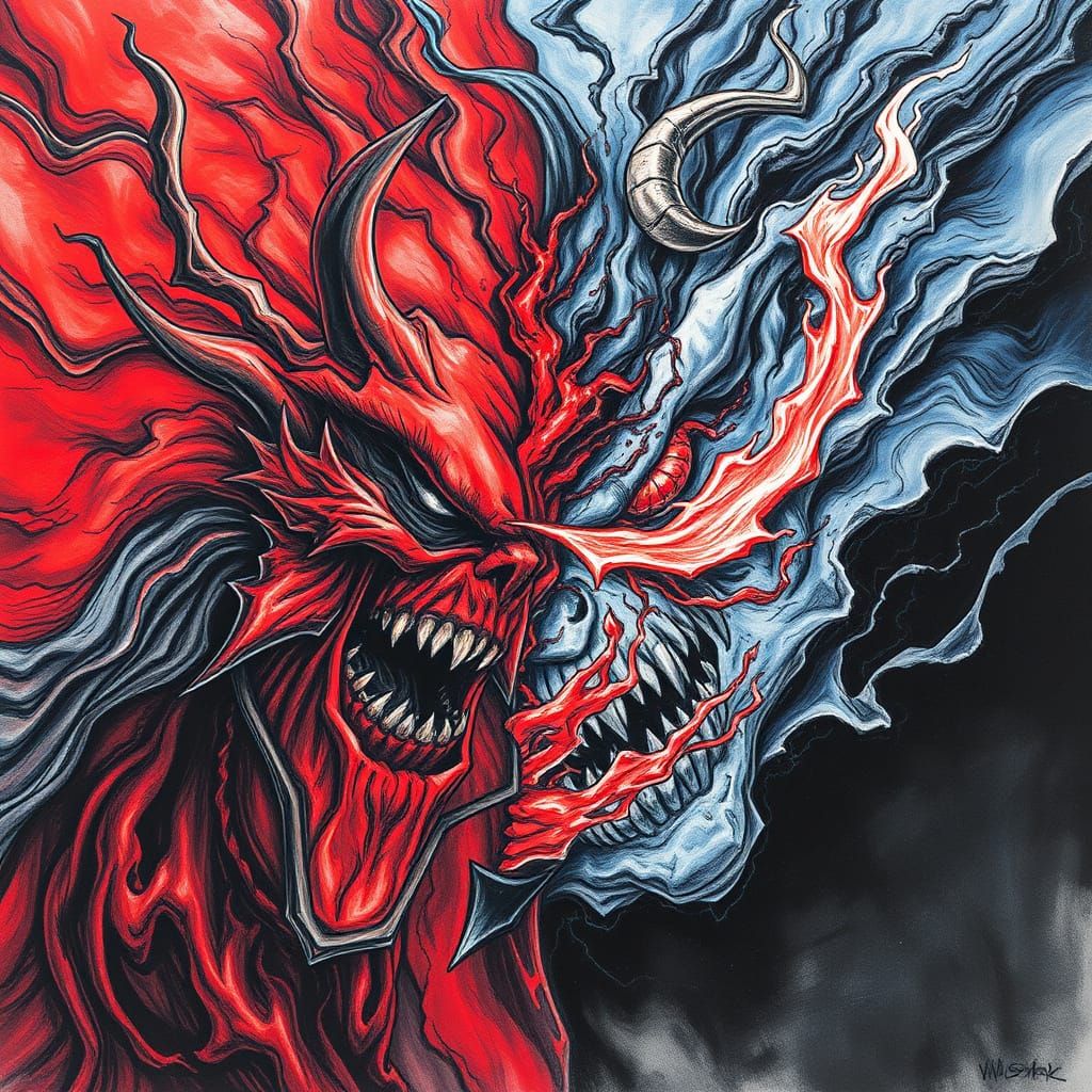 Dynamic Charcoal Drawing of Good Versus Evil