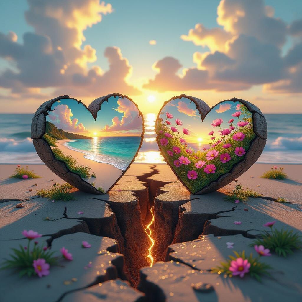 Fractured Hearts: Beach and Cosmos in Dreamy Landscape