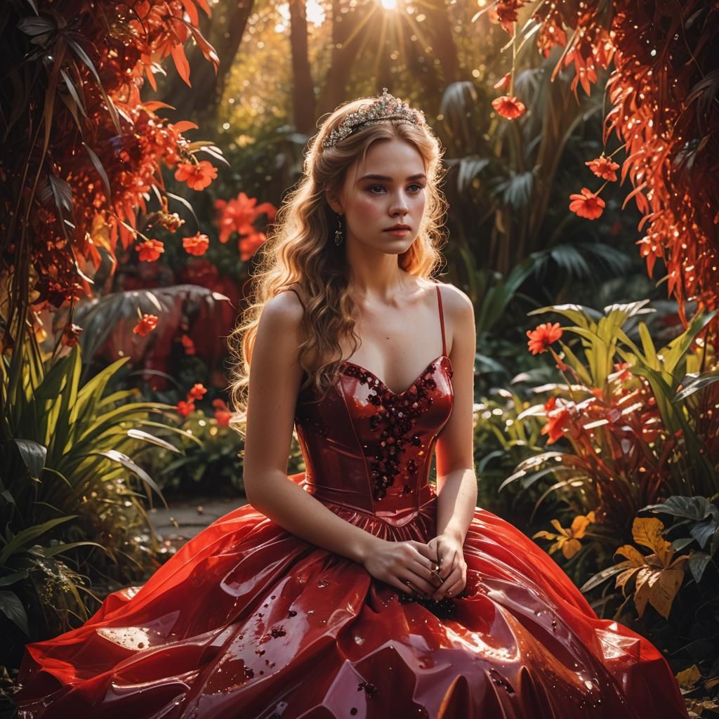 Princess in Latex Dress on Throne at Sunset