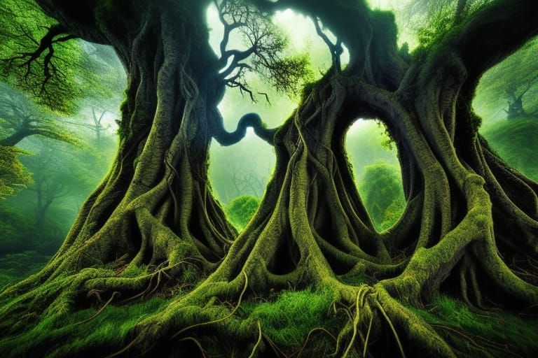 Cosmic Stone Heads in a Fantasy Landscape