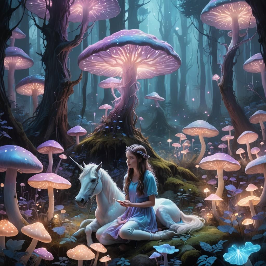 fairy tale scene set in an enchanted forest of giant, biolum...