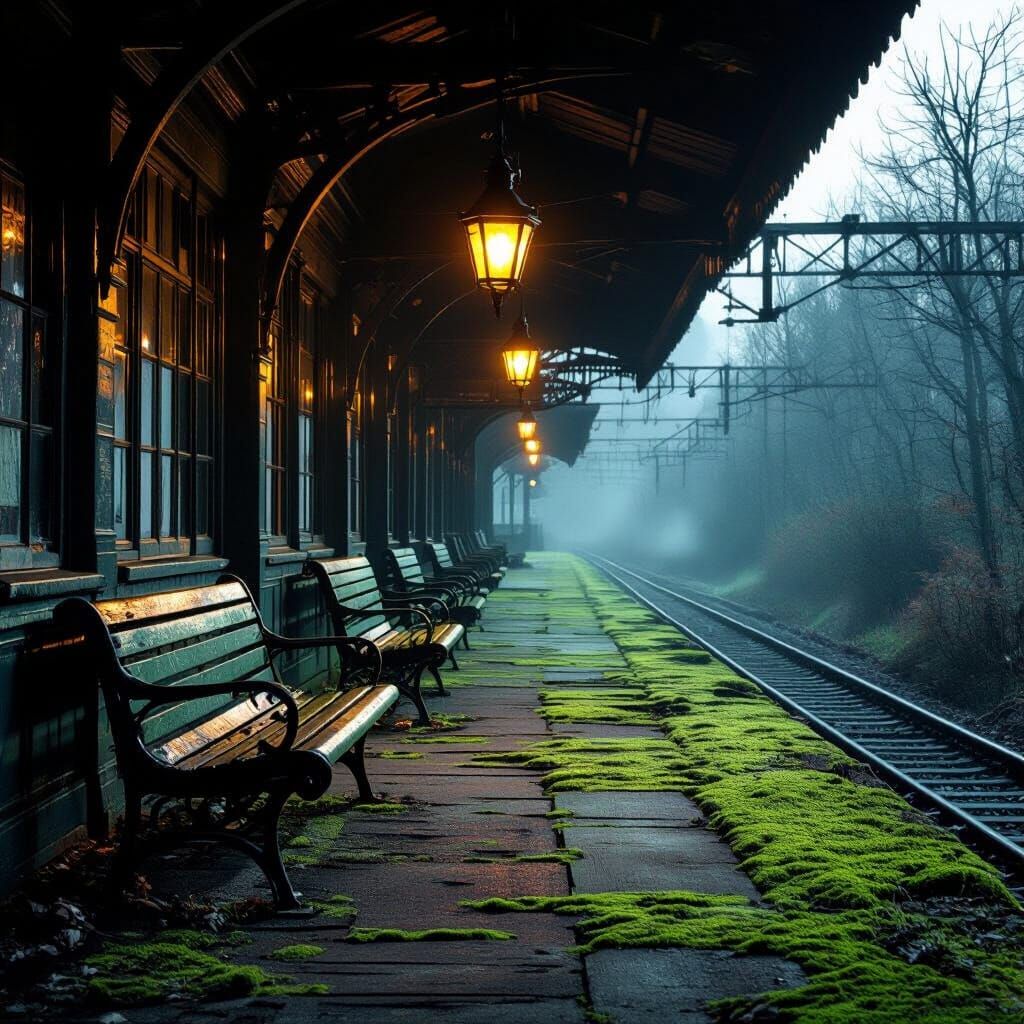 Ethereal Train Station at Dusk with Flickering Lanterns