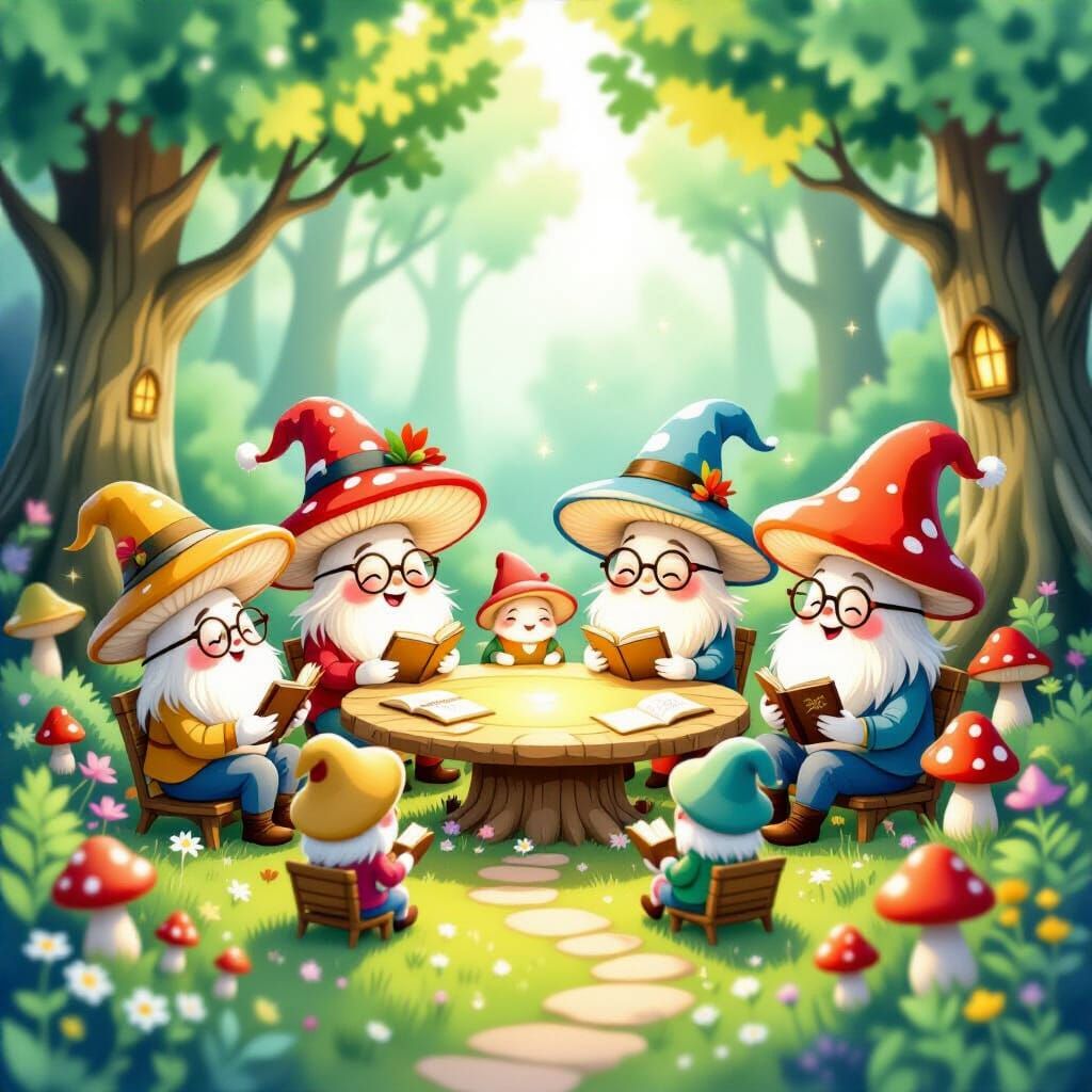 Sentient Mushrooms in Hidden Grove: Watercolor Illustration