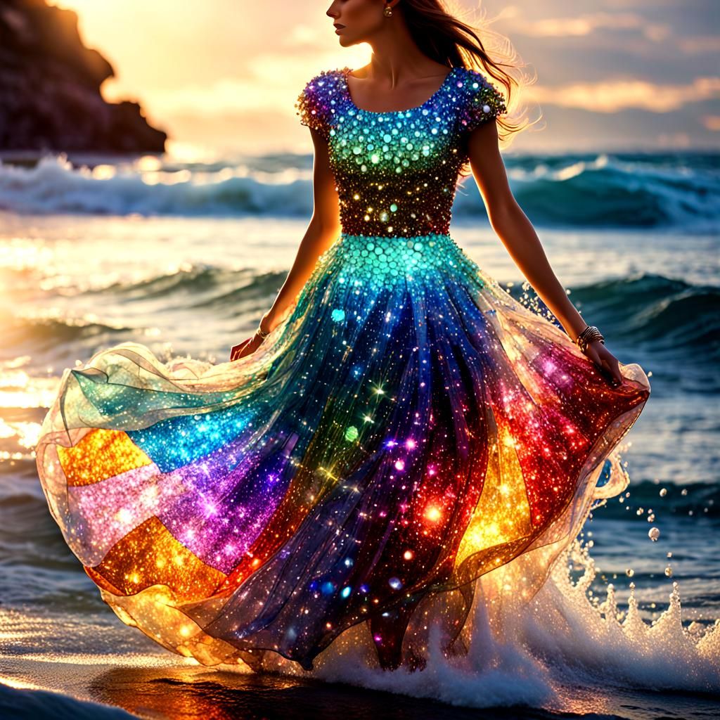 Luminous Gemstone Dress on Glittering Ocean Path