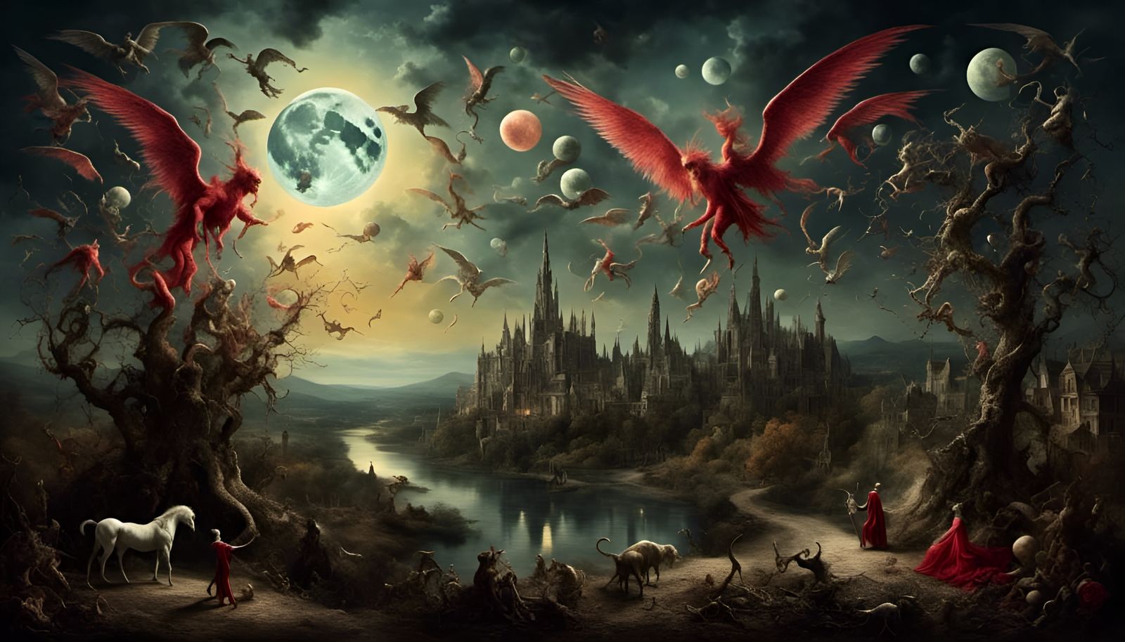 Surreal Landscape with Mythical Creatures Under Bright Moon