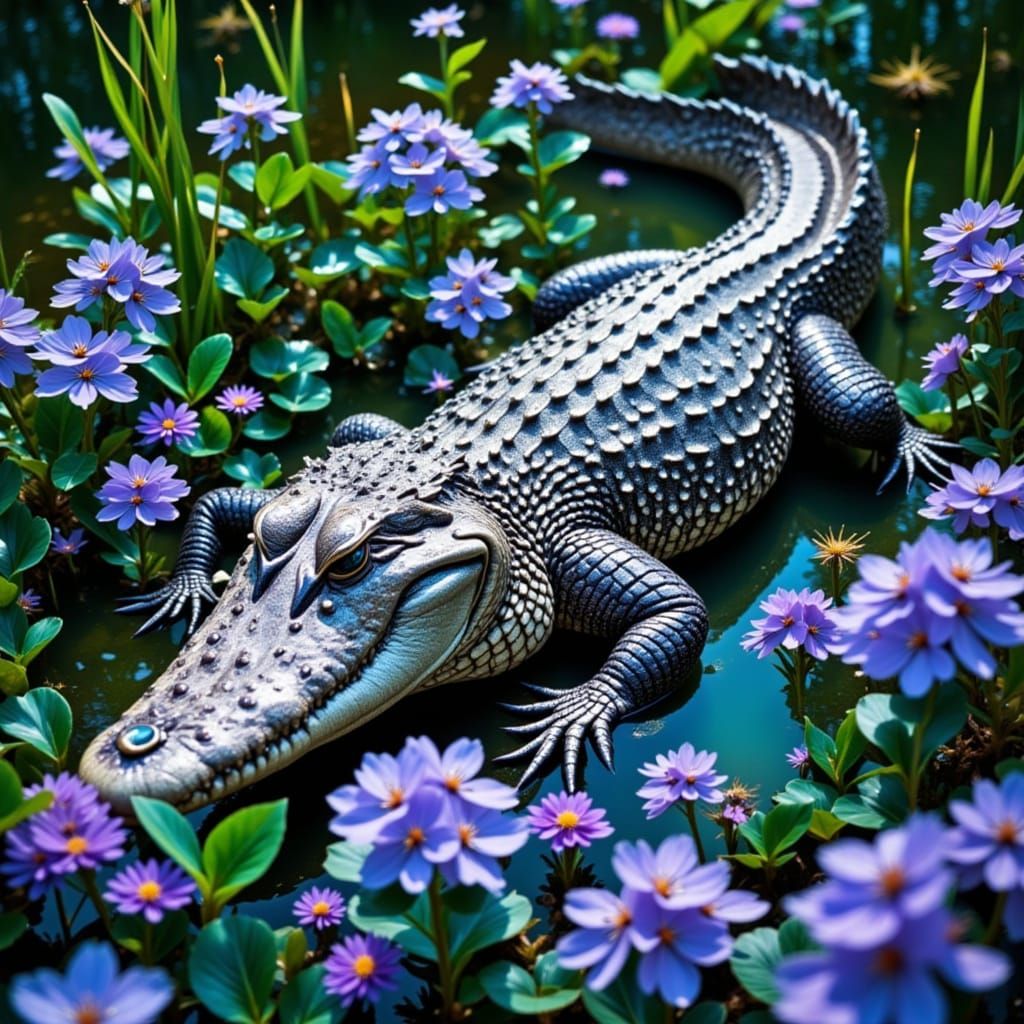 Leucistic Alligator in Purple Flowers by Green Swamp