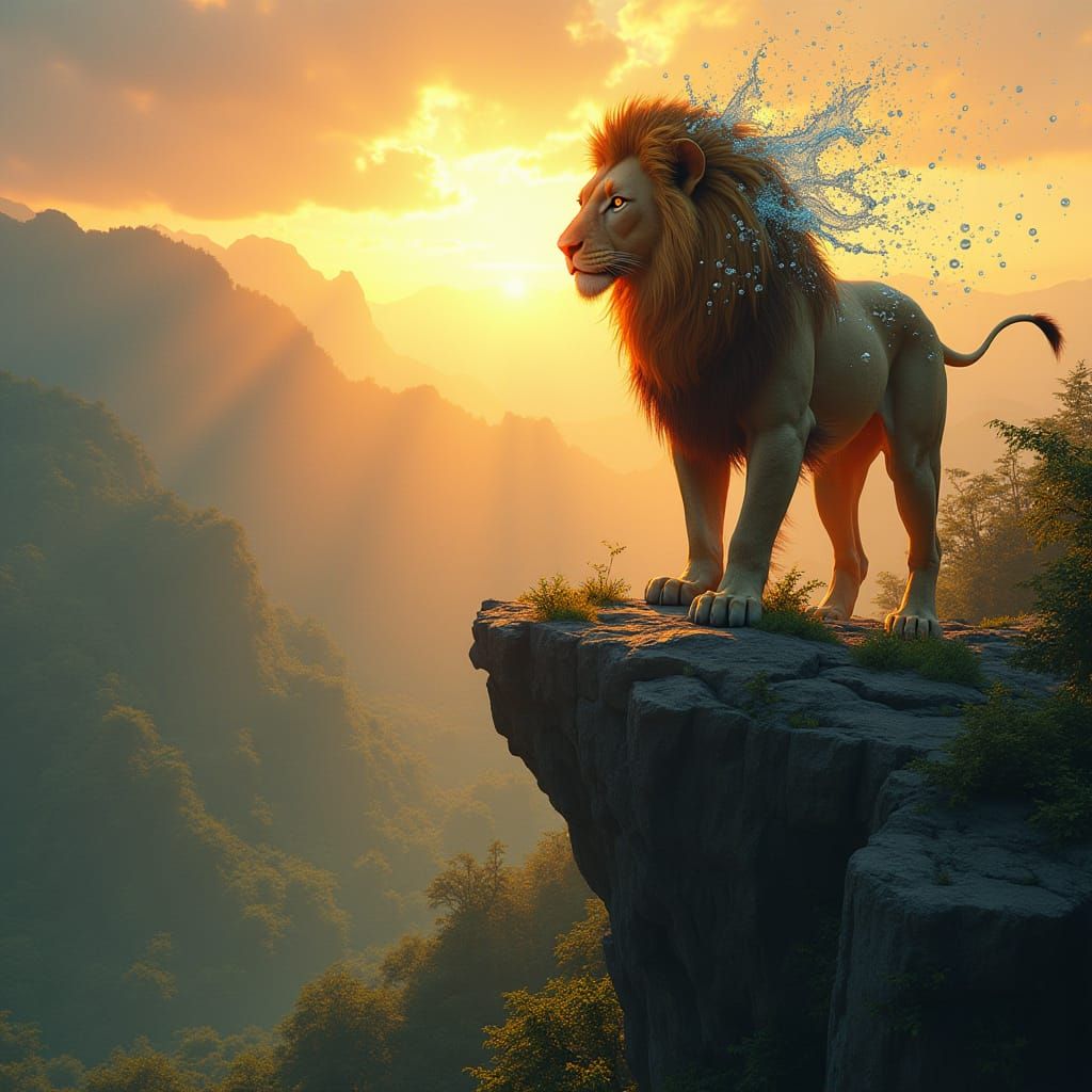 Lion with Water Mane in Art Nouveau Style