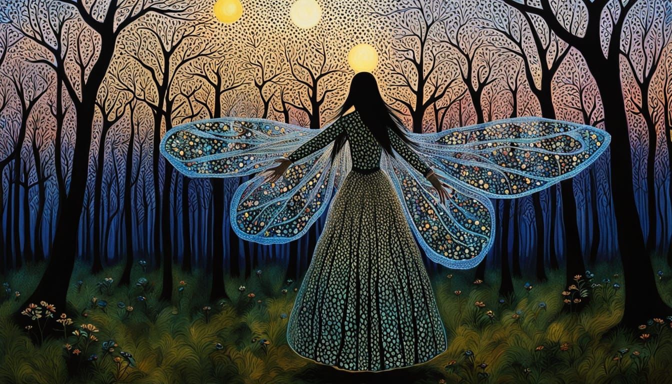 Surreal Fragmented Sculpture of a Woman with Iridescent Wing...