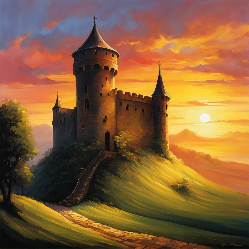 Medieval Tower at Dawn in Chiaroscuro Oil Painting