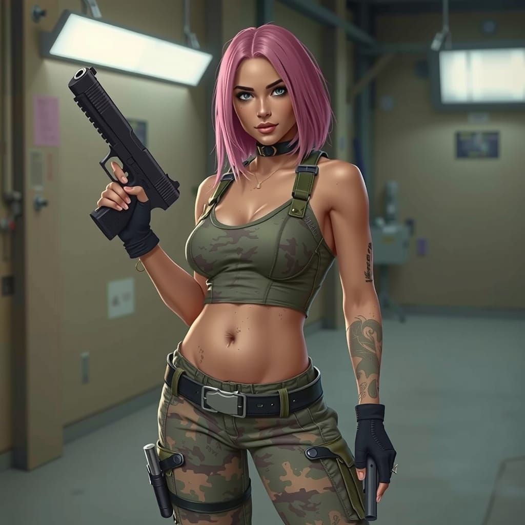 Camo Lara Croft with Desert Eagles: Comic Book Art