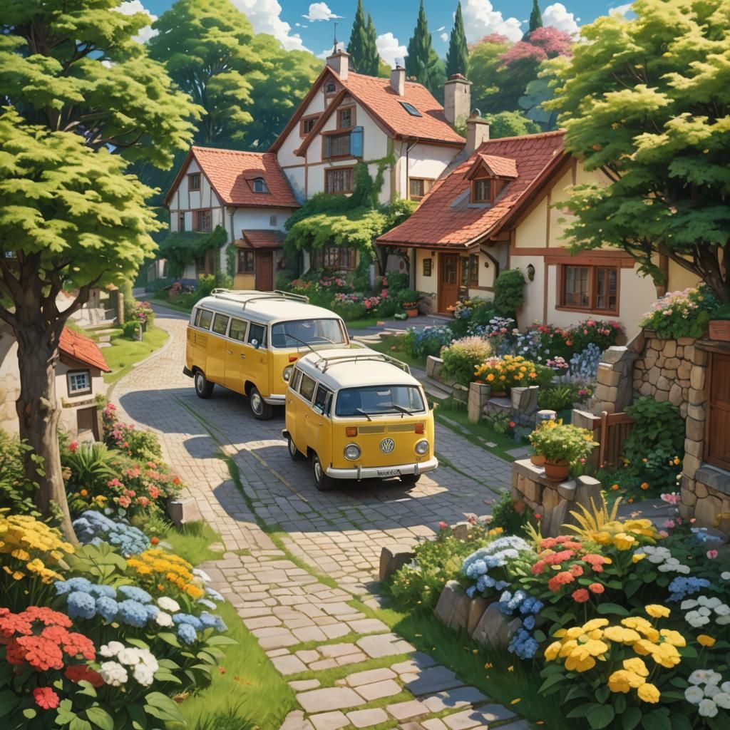 Quaint Village Scene with Vintage Van in Anime Style