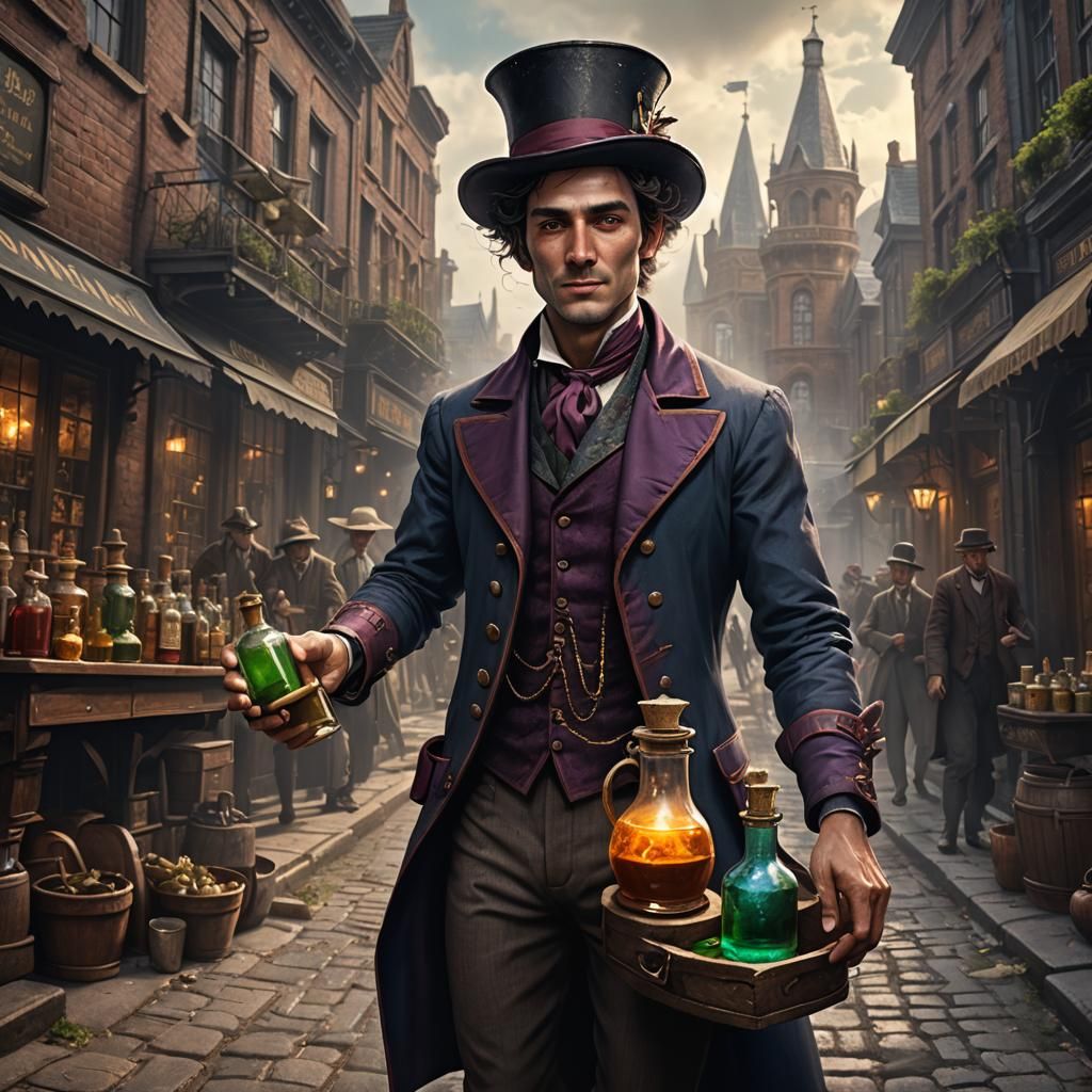 Victorian Charlatan Peddling Fake Potion, Digital Art