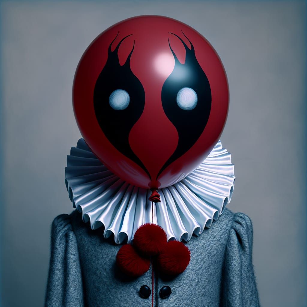 Eerie Figure with Red Balloon Head in Blue Tones