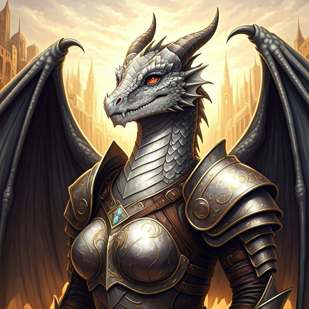 Regal Dragonkin Sorceress in Golden Fantasy City