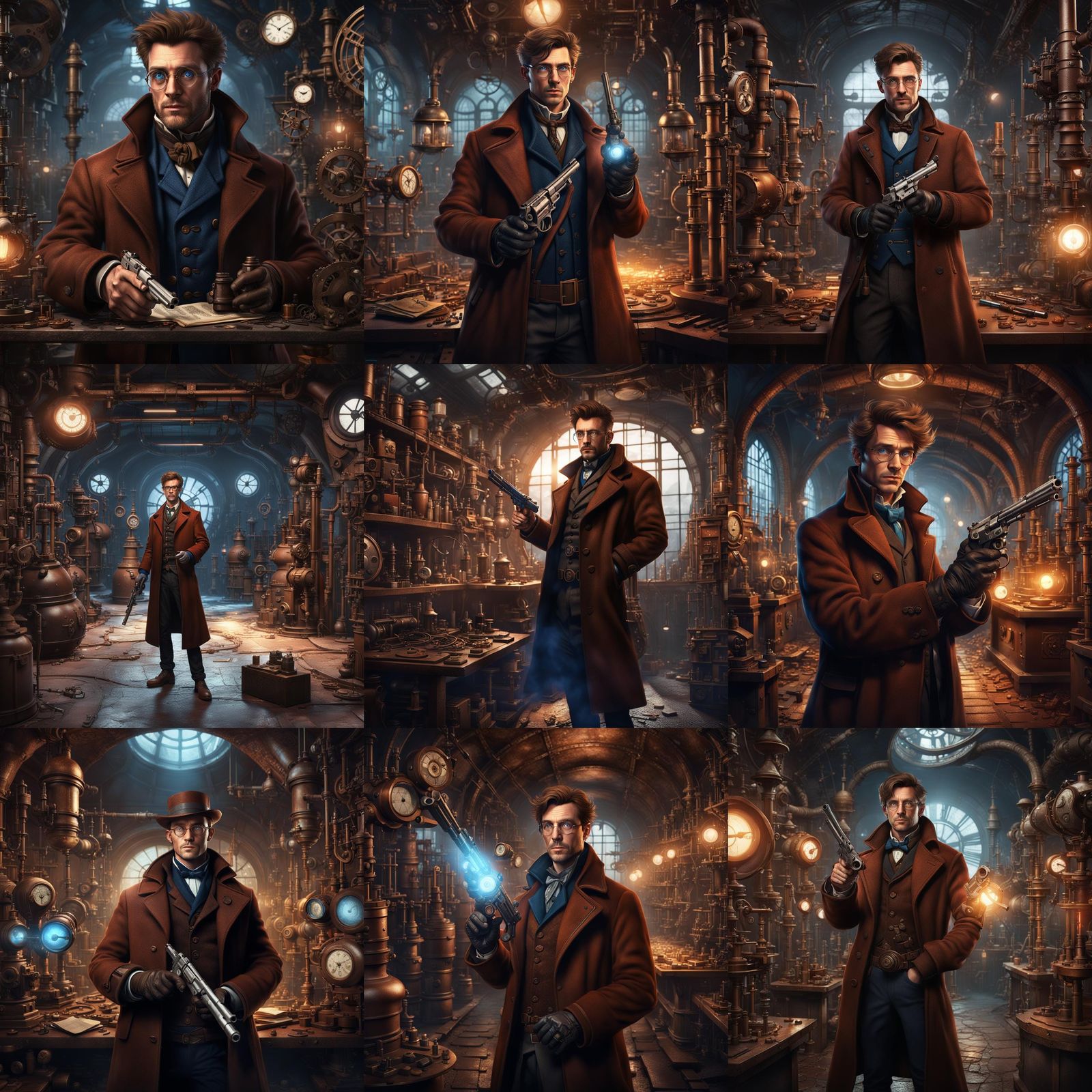 Steampunk Scholar with Revolver in Laboratory