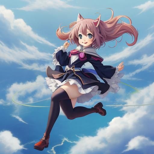 Cute Girl's Joyful Leap: Anime-Style Illustration