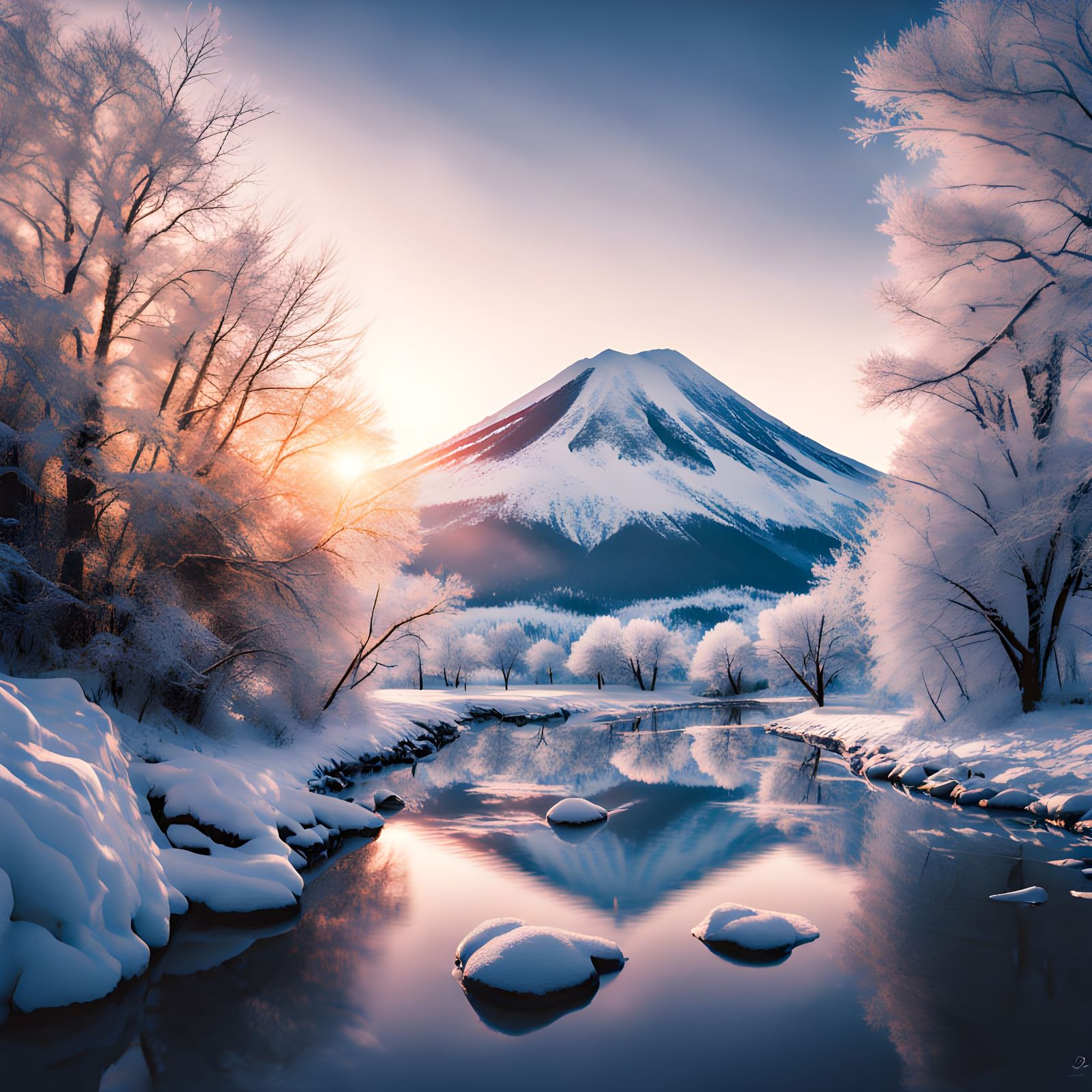 Hyperrealistic Panda in Sunset Landscape with Mount Fuji