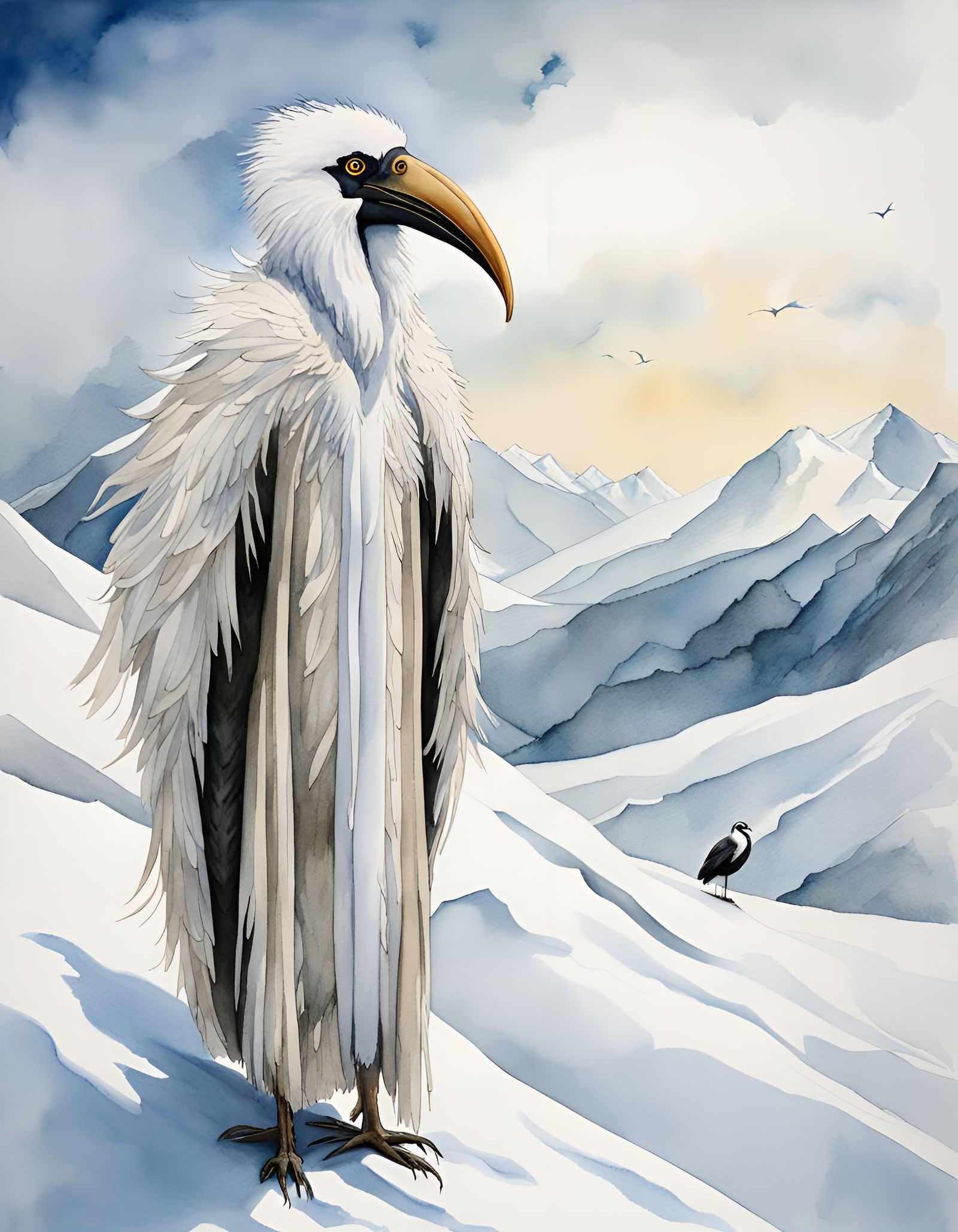 Watercolor Painting of Bird-Masked Yeti on Snowy Peak