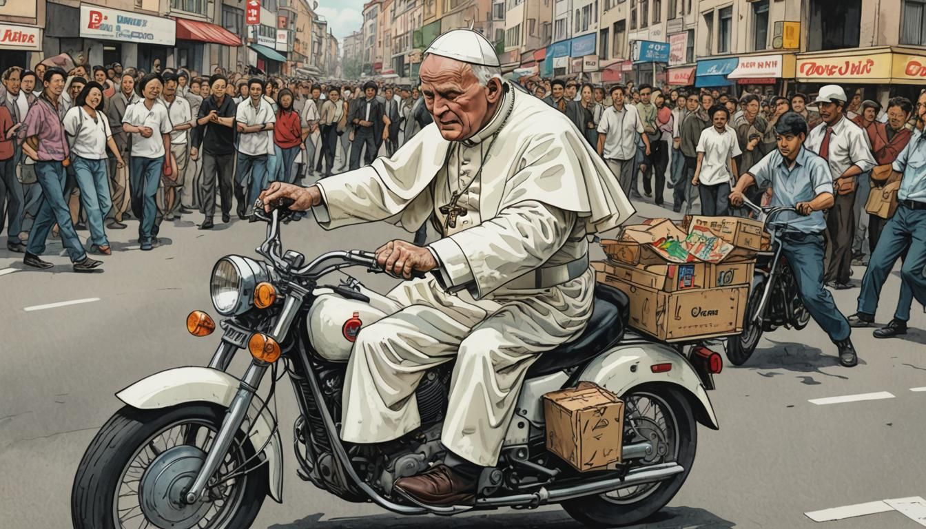 Pope on Motorcycle Pizza Chase, Junji Ito Style