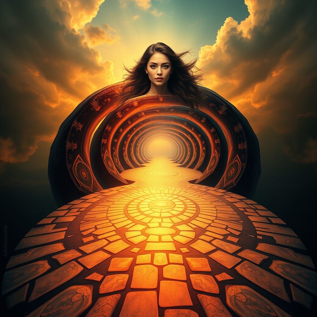 Surreal Alpha to Omega Woman Transforms Along Winding Pathwa...