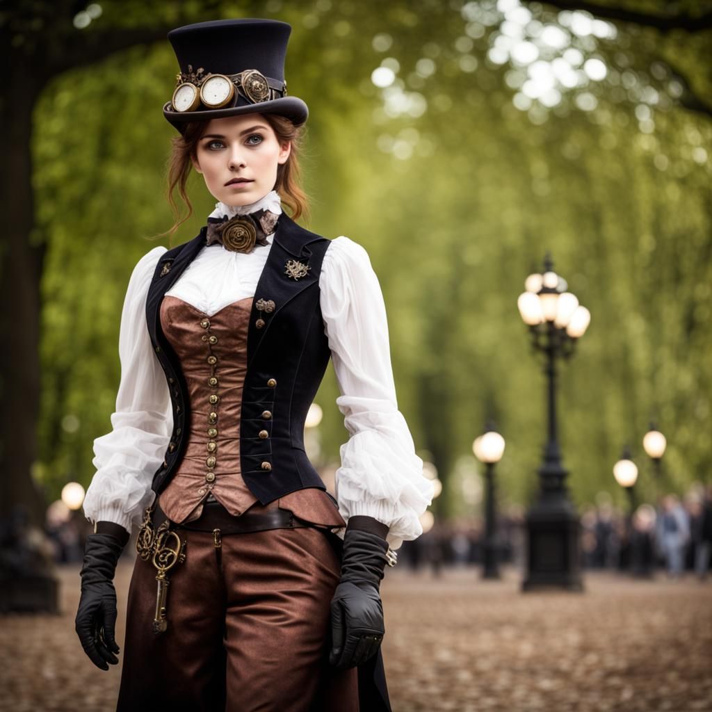 Soft diffuse evenly lit low contrast. Steampunk Victorian Hyde Park