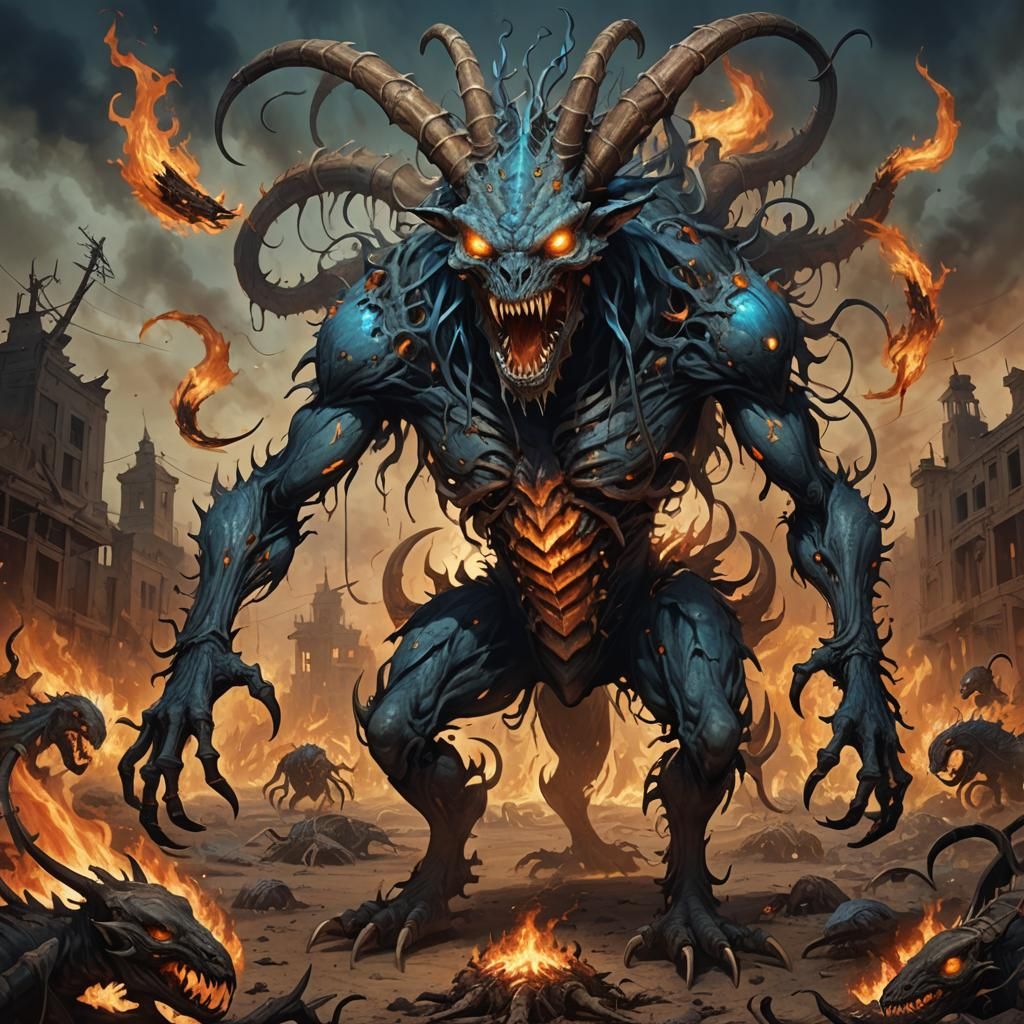 Terrifying Blue-Eyed Monster in Hellish Landscape