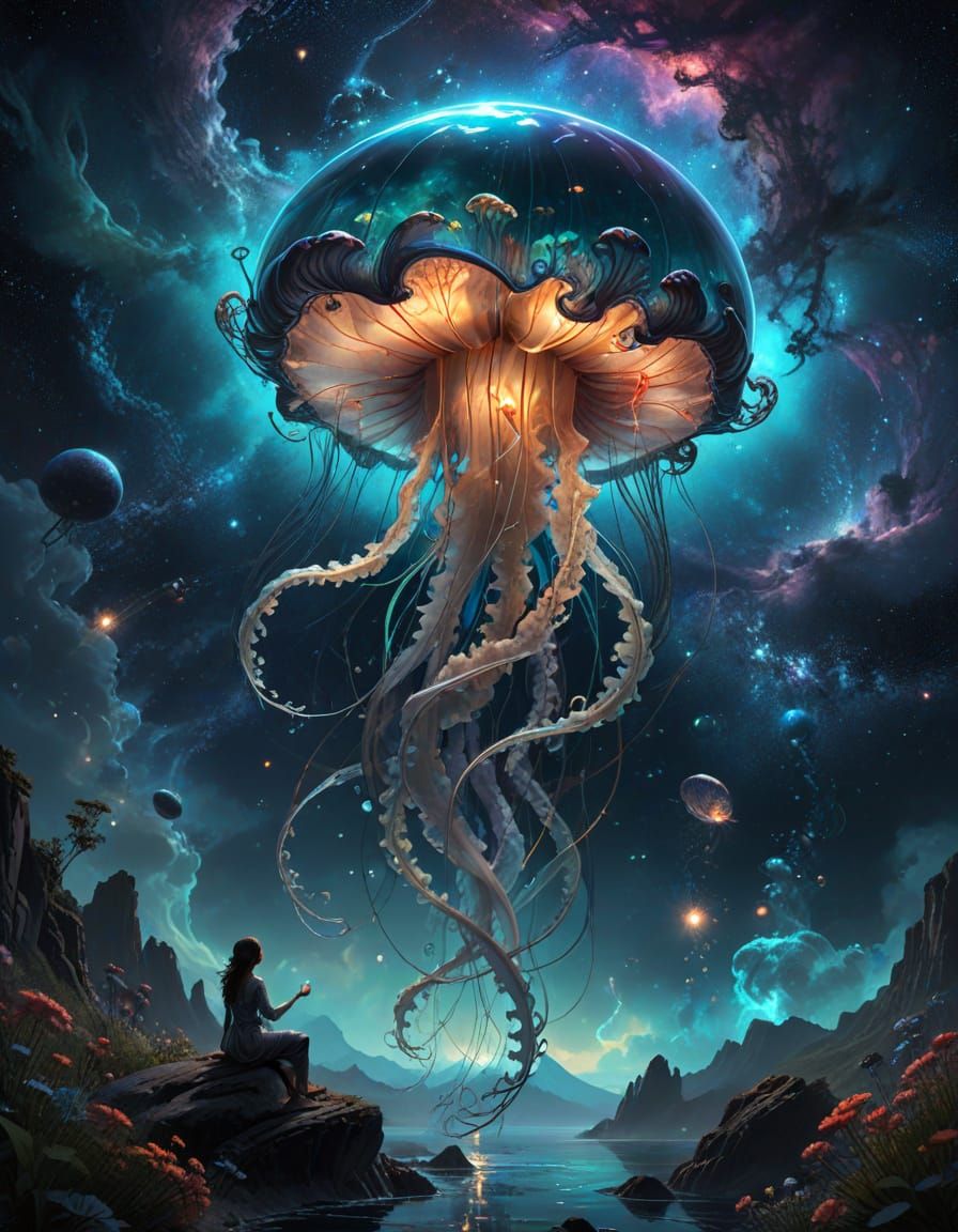 Cosmic Jellyfish Goddess in Art Nouveau Style