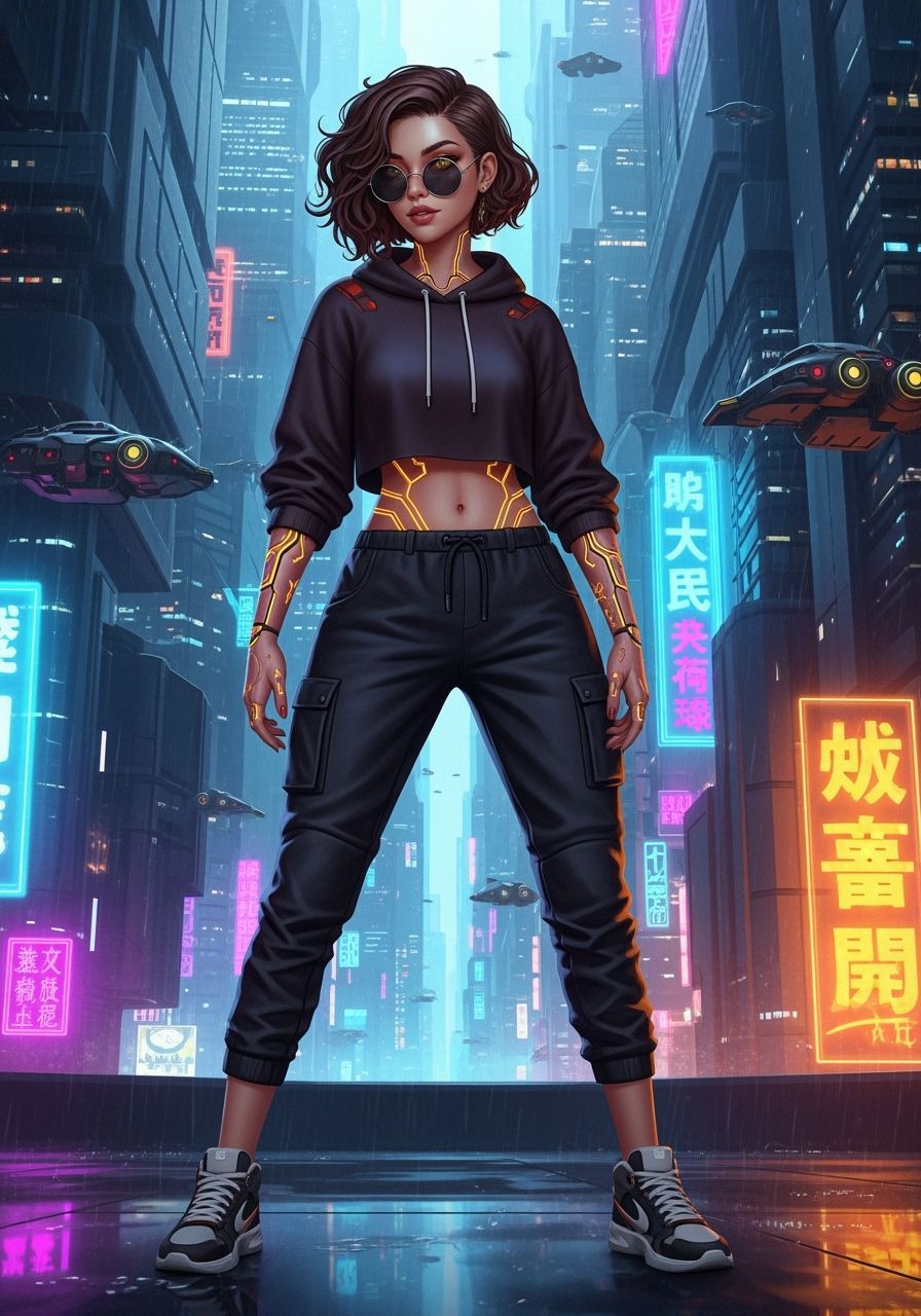 Cyberpunk Anime Woman with Neon Reflections