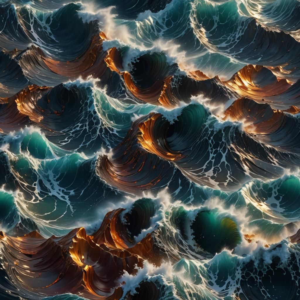 Metallic Ocean Waves in a Detailed Digital Painting