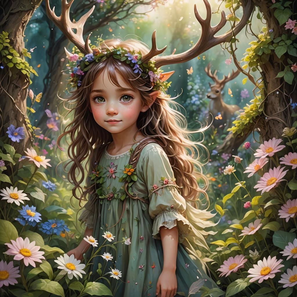 Ethereal Garden Scene with Adorable Fairy Child