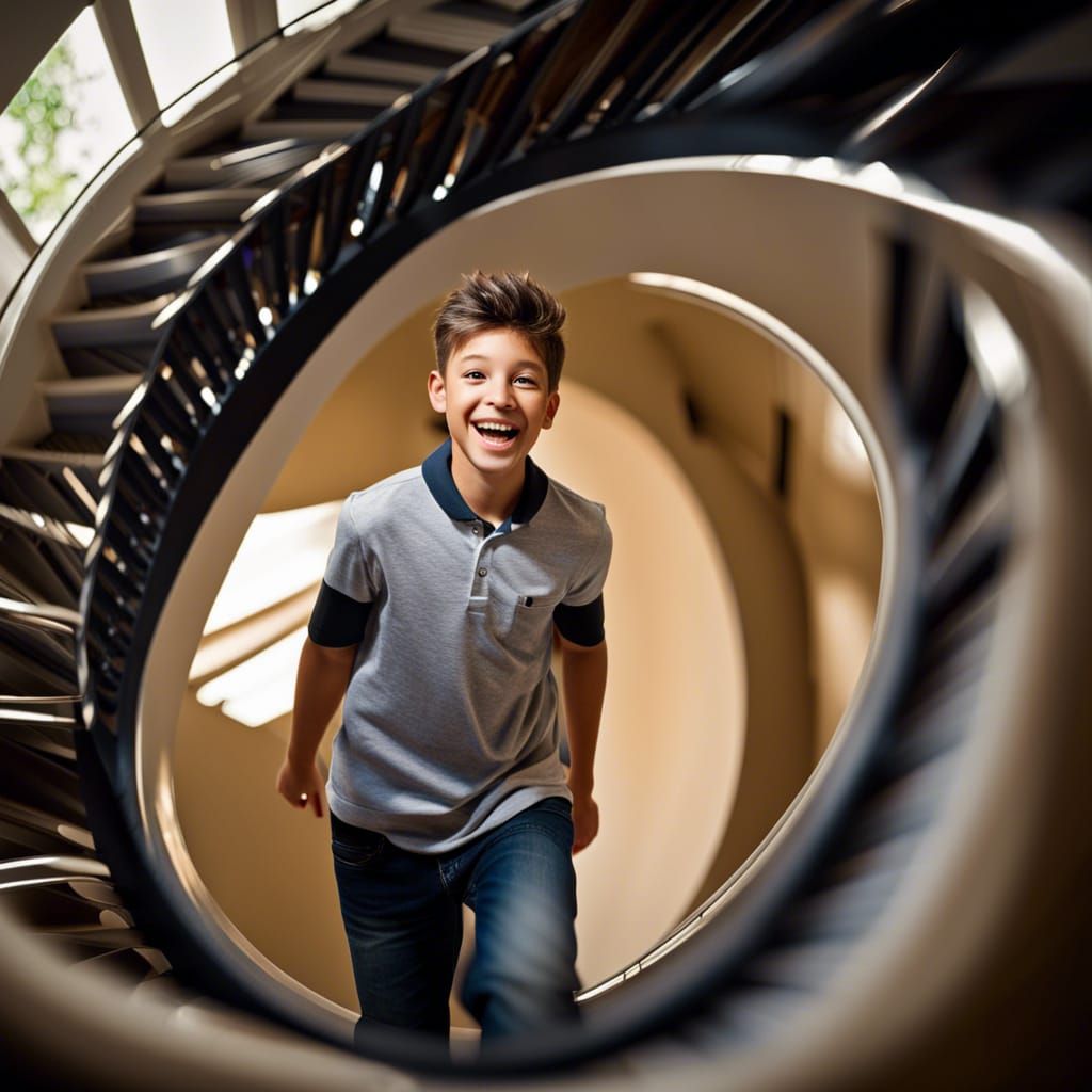 Excited Student Ascending Spiral in Professional Photo