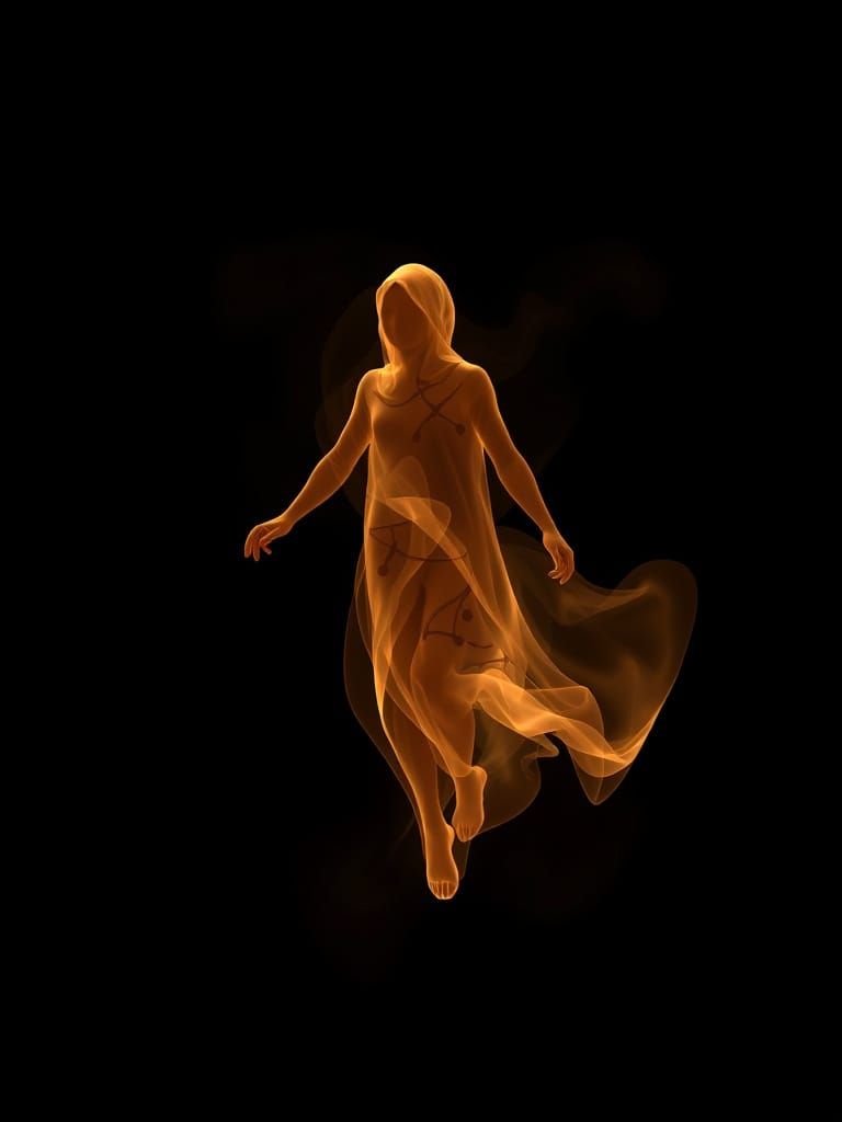 Ghostly Figure in Golden Light, Holographic Details on Black...