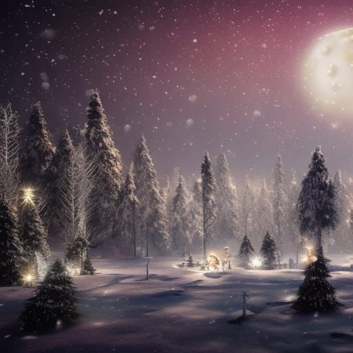 Christmas Lights and Reindeer in Snowy Night Sky