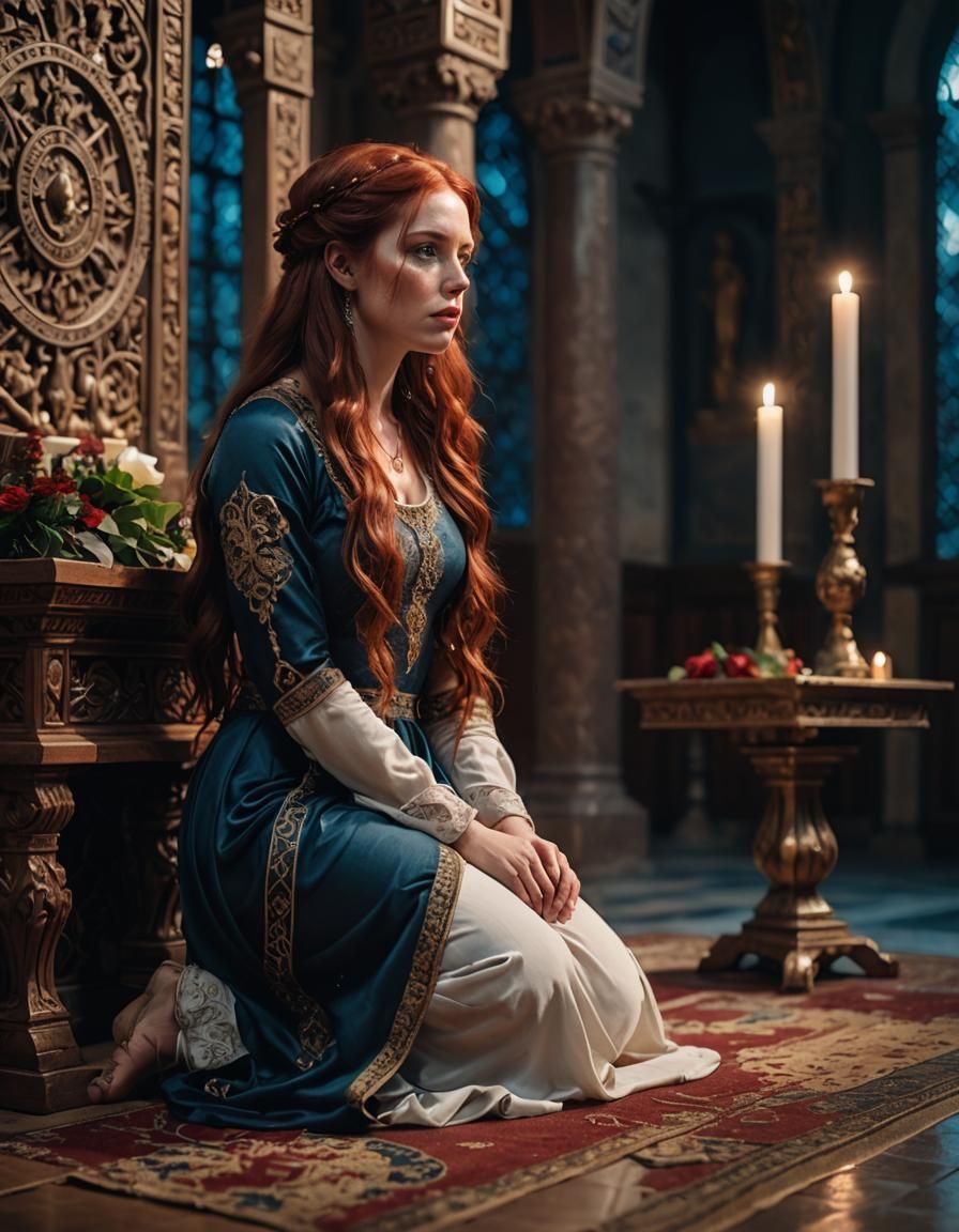 Young Woman at Altar: Cinematic Photo