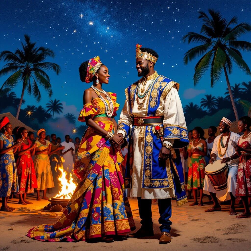 Vibrant African Village Celebration Under Starry Night