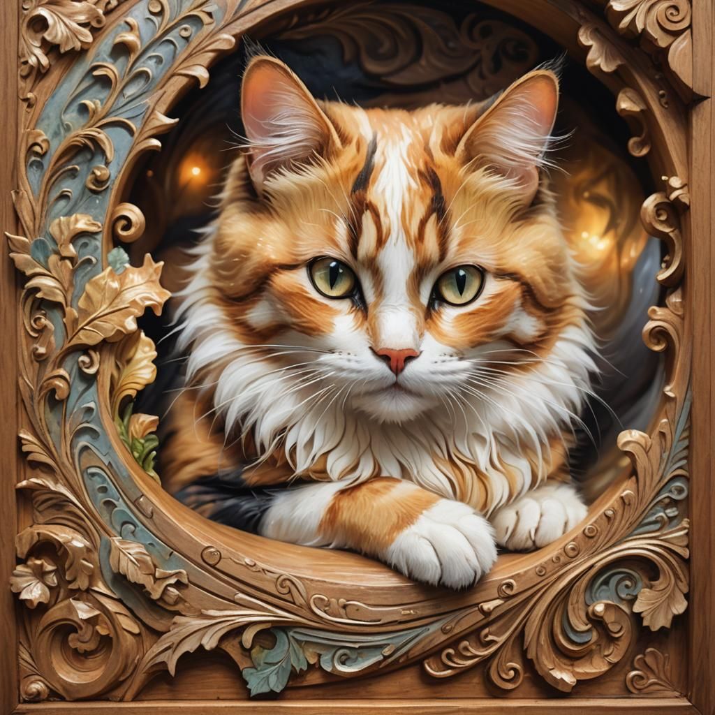 Calico Cat in Box, Kinkade-Inspired Oil Painting