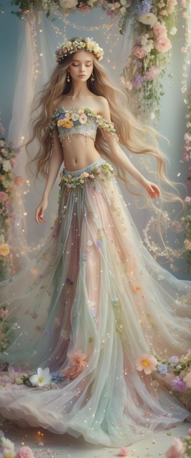 Ethereal Girl with Flowers in Dreamy Pastel Art