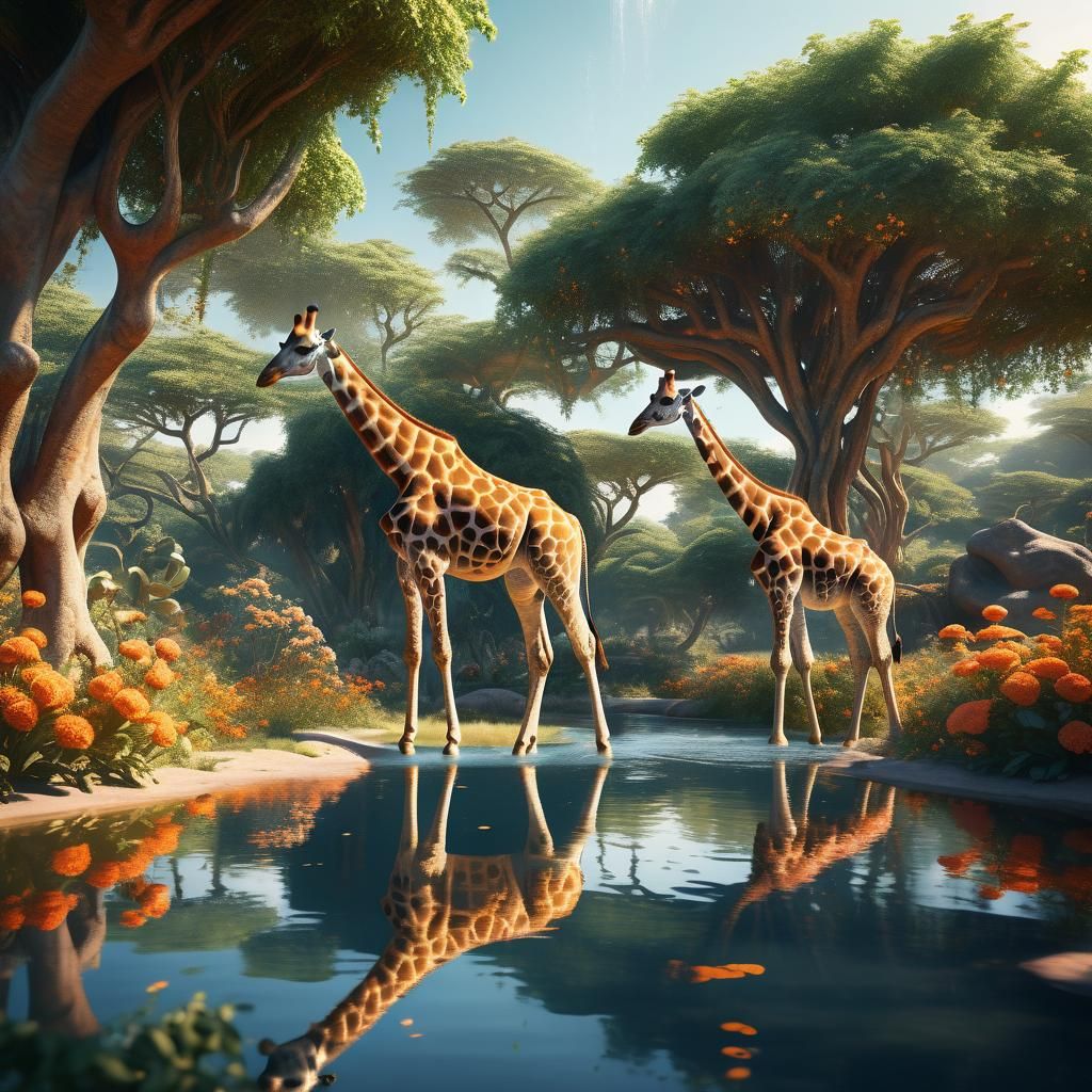 Giraffes at Waterhole in Art Nouveau Style
