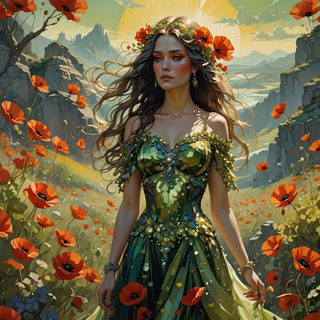 Girl in Peridot Gown with Poppies, Dreamlike Matte Painting