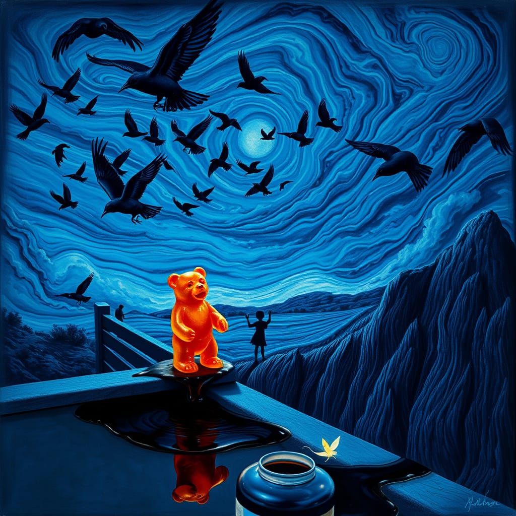 Surreal Melting Gummy Bear in Distorted Landscape