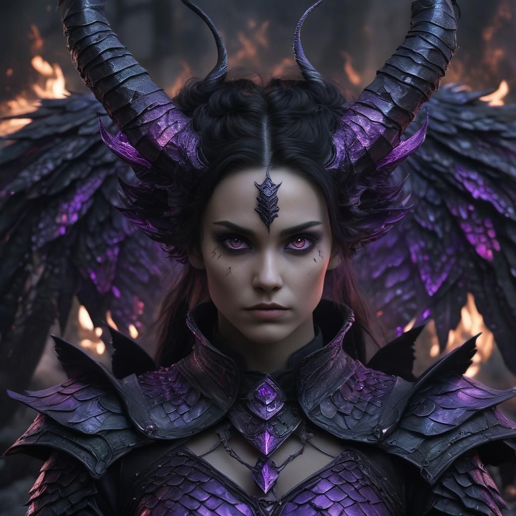 Woman with Raven Hair and Dragon Scale Armor