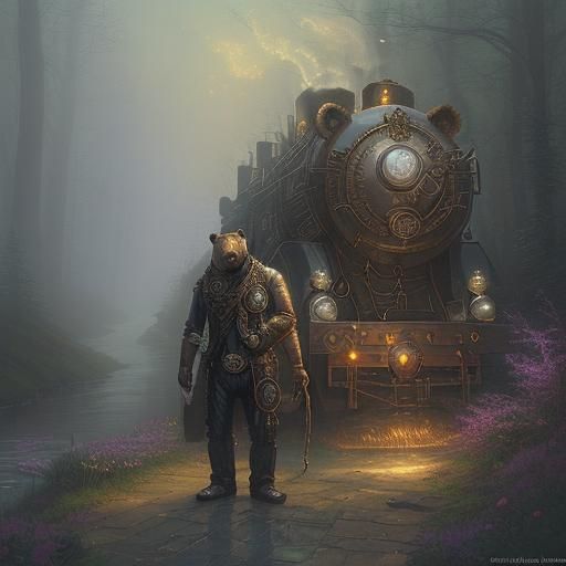 Steampunk Steel Bear in Ethereal Fantasy Mist