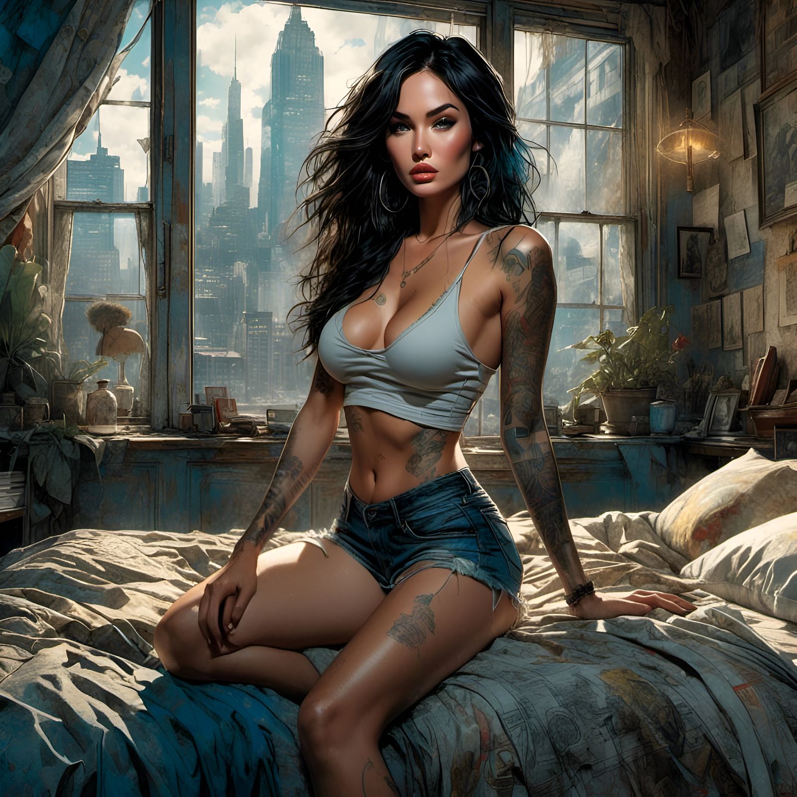 Hyperrealistic Portrait: Seductive Woman in Bedroom