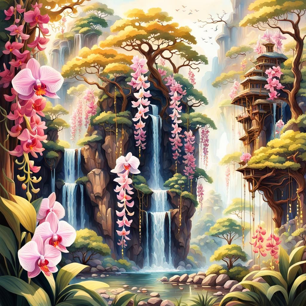 Whimsical Watercolor Orchids by Waterfall
