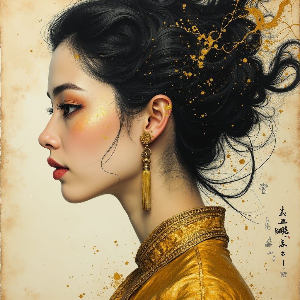 Ink Wash Portrait with Golden Accents